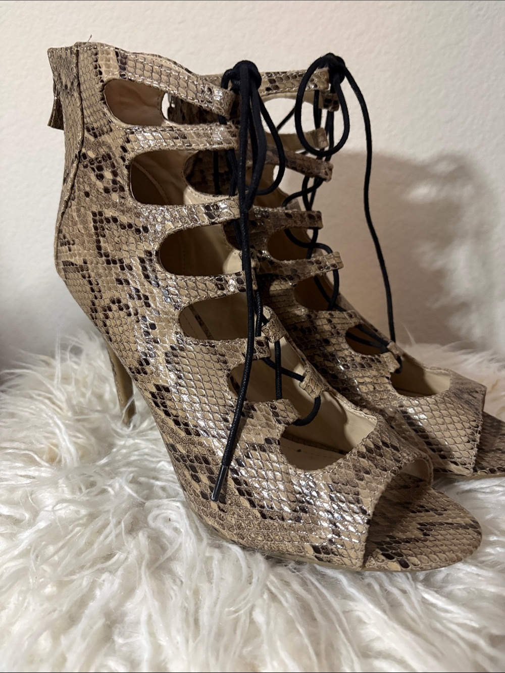 Anne Michelle Snake-Print Lace-Up Peep Toe Heels in Beige